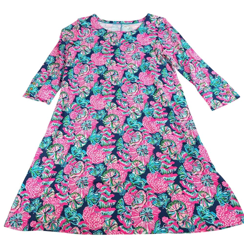 Lilly Pulitzer womens pink blue floral dress. 3/4 sleeve. Size M. preppy, resort